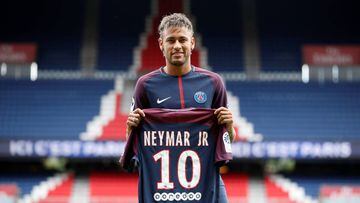 Soccer Football - Paris Saint-Germain F.C. - Neymar Jr Press Conference - Paris, France - August 4, 2017   New Paris Saint-Germain signing Neymar Jr poses with the club shirt   REUTERS/Christian Hartmann