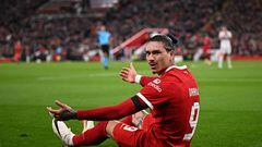 Liverpool's Uruguayan striker #09 Darwin Nunez reacts during the UEFA Europa League group E football match between Liverpool and Toulouse at Anfield in Liverpool, north west England on October 26, 2023. (Photo by Oli SCARFF / AFP)