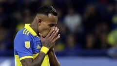 Boca Juniors' Colombian forward Sebastian Villa gestures after missing a chance of goal against Belgrano during the Argentine Professional Football League Tournament 2023 match at La Bombonera stadium in Buenos Aires, on May 14, 2023. Villa is facing trial after being accused of assaulting his ex-partner Daniela Cort�s though he stated he was innocent and that he had been the victim of assault by the complainant, while testifying at another hearing in Buenos Aires earlier this week. (Photo by ALEJANDRO PAGNI / AFP)