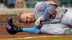 Jun 7, 2023; Cumberland, Georgia, USA; New York Mets first baseman Pete Alonso (20) reacts after being hit by a pitch against the Atlanta Braves during the first inning at Truist Park. Mandatory Credit: Dale Zanine-USA TODAY Sports