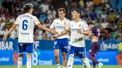 18/08/2023. Partido de la jornada 2 de LaLiga Hypermotion entre el Real Zaragoza y el Real Valladolid. Celebración del 1-0 de Alejandro Francés