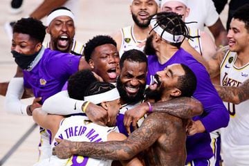 The Los Angeles Lakers celebrate after winning the 2020 NBA Championship
