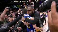 May 12, 2023; Los Angeles, California, USA; Los Angeles Lakers forward LeBron James (6) and Golden State Warriors guard Stephen Curry (30) embrace after game six of the 2023 NBA playoffs at Crypto.com Arena. Mandatory Credit: Jayne Kamin-Oncea-USA TODAY Sports     TPX IMAGES OF THE DAY