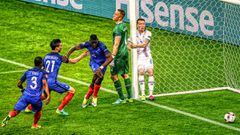 France&#039;s midfielder Paul Pogba (C) celebrates with France&#039;s defender Laurent Koscielny (2L) and France&#039;s defender Patrice Evra (L) after scoring his team&#039;s second goal  during the Euro 2016 quarter-final football match between France a