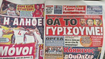 Portada del diario Protathlitis con el mensaje de unidad de los capitanes de Olympiacos antes del partido contra el Barça.