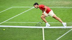Spain's Carlos Alcaraz takes part in a training session prior to the start of the 2023 Wimbledon Championships at The All England Tennis Club in Wimbledon, southwest London, on July 2, 2023. (Photo by Glyn KIRK / AFP) / RESTRICTED TO EDITORIAL USE