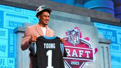 Apr 27, 2023; Kansas City, MO, USA; Alabama quarterback Bryce Young on stage after he was drafted first overall by the Carolina Panthers in the first round of the 2023 NFL Draft at Union Station. Mandatory Credit: Kirby Lee-USA TODAY Sports
