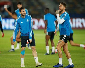 Real Madrid's Sergio Ramos and Nacho during training ahead of the final against Al Ain in Abu Dhabi