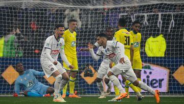 Toulouse's Moroccan forward Zakaria Aboukhlal celebrates scoring his team's fifth goal during the French Cup final football match between Nantes (FC) and Toulouse (FC) at the Stade de France, in Saint-Denis, on the outskirts of Paris, on April 29, 2023. (Photo by FRANCK FIFE / AFP)