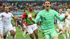 Switzerland&#039;s goalkeeper Yann Sommer reacts after saving a shot by France&#039;s forward Kylian Mbappe in the penalty shootout during the UEFA EURO 2020 round of 16 football match between France and Switzerland at the National Arena in Bucharest on J