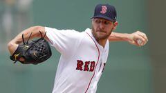 Boston Red Sox starting pitcher Chris Sale (41) works in the first inning of a spring training baseball game against the Atlanta Braves Saturday, March 16, 2019, in Fort Myers, Fla. (AP Photo/John Bazemore)
