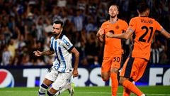 Real Sociedad's Spanish midfielder #23 Brais Mendez celebrates after scoring his team's first goal during the UEFA Champions League 1st round day 1 group D football match between Real Sociedad and Inter Milan at the Reale Arena stadium in San Sebastian on September 20, 2023. (Photo by ANDER GILLENEA / AFP)