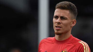 Belgium's midfielder Thorgan Hazard leaves at the end of a press conference at the team's base camp at the Belgian National Football Centre in Tubize on June 29, 2021 during the UEFA EURO 2020 competition. (Photo by JOHN THYS / AFP)
