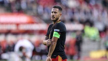 Belgium's midfielder Eden Hazard reacts during the UEFA Nations League - League A - Group 4 football match between Belgium and Poland at The King Baudouin Stadium in Brussels, on June 8, 2022. (Photo by Kenzo TRIBOUILLARD / AFP) (Photo by KENZO TRIBOUILLARD/AFP via Getty Images)