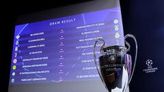 Soccer Football - Champions League - Round of 16 Draw - Nyon, Switzerland - November 7, 2022 General view of the results of the draw on the big screen and the trophy REUTERS/Denis Balibouse