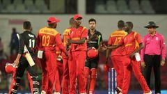 Zimbabwe&#039;s players celebrate after their victory in the ICC World T20 cricket tournament match with Hong Kong.