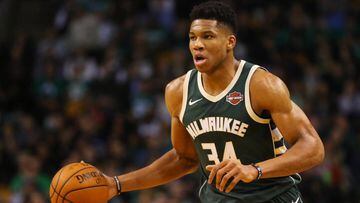 BOSTON, MA - DECEMBER 4: Giannis Antetokounmpo #34 of the Milwaukee Bucks dribbles against the Boston Celtics during the first quarter at TD Garden on December 4, 2017 in Boston, Massachusetts.   Maddie Meyer/Getty Images/AFP == FOR NEWSPAPERS, INTERNET,
