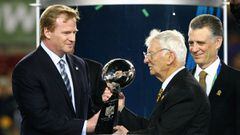 FILE: Dan Rooney, the Hall of Fame owner of the Pittsburgh Steelers, has died at the age of 84. TAMPA, FL - FEBRUARY 01: NFL Commissioner Roger Goodell (L) present Dan Rooney, team owner of the Pittsburgh Steelers, with the Vince Lombardi trophy after the