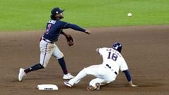 Atlanta Braves&#039; second baseman Ozzie Albies (1) forces out Houston Astros catcher Jason Castro (18) but cannot turn a double play during the 9th inning in game one of the 2021 World Series at Minute Maid Park. 