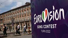 A photograph shows a banner of the Eurovision Song contest 2022 in Piazza Castello in Turin on May 2, 2022. - The contest will take place on May 10, 12 and 14, 2022. (Photo by MARCO BERTORELLO / AFP) (Photo by MARCO BERTORELLO/AFP via Getty Images)