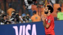 Egypt&#039;s forward Mohamed Salah celebrates after scoring a goal during the 2019 Africa Cup of Nations (CAN) football match between Egypt and DR Congo at the Cairo International Stadium on June 26, 2019. (Photo by Khaled DESOUKI / AFP)