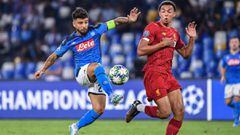 Napoli&#039;s Italian forward Lorenzo Insigne (L) challenges Liverpool&#039;s English defender Trent Alexander-Arnold during the UEFA Champions League Group E football match Napoli vs Liverpool on September 17, 2019 at the San Paolo stadium in Naples. (Ph