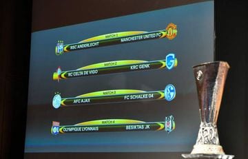 A screen displays the names of the clubs that will be facing each other during the quarter-final draw of the UEFA Europa League football tournament at the UEFA headquarters in Nyon on December 17, 2017.