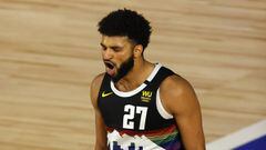 LAKE BUENA VISTA, FLORIDA - AUGUST 25: Jamal Murray #27 of the Denver Nuggets reacts after a shot during the fourth quarter against the Utah Jazz in Game Five of the Western Conference First Round during the 2020 NBA Playoffs at The Field House at ESPN Wi