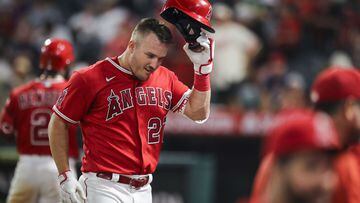 Mike Trout of the Los Angeles Angels celebrates his home run in the fifth inning against the Detroit Tigers at Angel Stadium of Anaheim on September 05, 2022 in Anaheim, California.