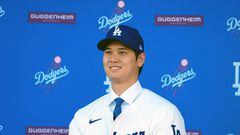 Dec 14, 2023; Los Angeles, CA, USA; Los Angeles Dodgers designated hitter Shohei Ohtani is introduced at a press conference at Dodger Stadium. Mandatory Credit: Kirby Lee-USA TODAY Sports