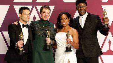 Rami Malek, Olivia Colman, Regina King y Mahershala Ali posando en la 91&deg; entrega Anual de los Premios Oscar en el Dolby Theatre en Hollywood, California. Febrero 24, 2019.