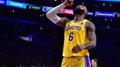 Los Angeles Lakers forward LeBron James (6) celebrates the victory against the Minnesota Timberwolves