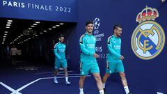 PARIS, FRANCE - MAY 27: Marco Asensio and Dani Ceballos of Real Madrid make their way out prior to the Real Madrid Training Session at Stade de France on May 27, 2022 in Paris, France. Real Madrid will face Liverpool in the UEFA Champions League final on May 28, 2022. (Photo by Alexander Hassenstein - UEFA/UEFA via Getty Images)