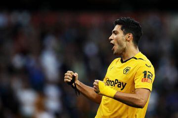 Raúl Jiménez of Wolves celebrates after he scores his side's first goal during the Carabao Cup Second Round match between Wolves and Preston North End at Molineux on August 23, 2022.