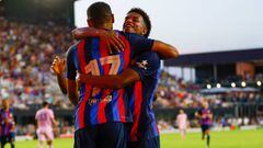 FORT LAUDERDALE, FL - JULY 19: FC Barcelona forward Pierre-Emerick Aubameyang (17) celebrates with FC Barcelona defender Balde (28) after scoring a goal during the pre-season friendly between FC Barcelona and Inter Miami CF on July 19, 2022 at DRV PNK Stadium in Fort Lauderdale, Fl. (Photo by David Rosenblum/Icon Sportswire via Getty Images)