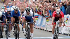 Cycling - UCI Road World Championships - Men Elite Road Race - Bergen, Norway - September 24, 2017 - Peter Sagan (C) of Slovakia finishes in first and Alexander Kristoff (R) of Norway in second place in Men Elite Road Race at the UCI 2017 Road World Champ
