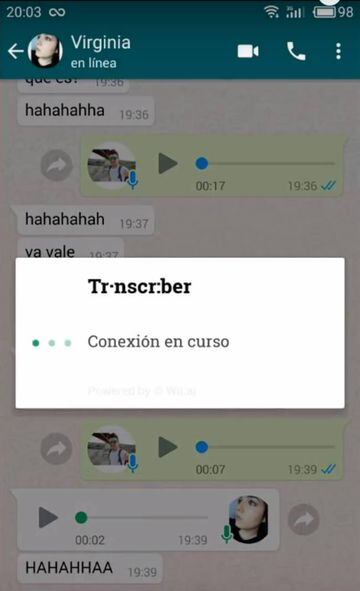 La interfaz de Transcriber transcribiendo una nota de voz de WhatsApp