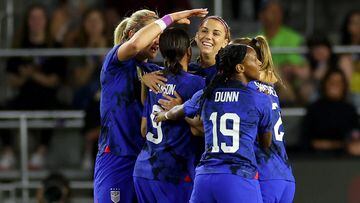 ORLANDO, FLORIDA - FEBRUARY 16: Mallory Swanson #9 of the United States celebrates with Alex Morgan #13 after scoring a goal against Canada during the first half in the 2023 SheBelieves Cup match at Exploria Stadium on February 16, 2023 in Orlando, Florida.   Mike Ehrmann/Getty Images/AFP (Photo by Mike Ehrmann / GETTY IMAGES NORTH AMERICA / Getty Images via AFP)