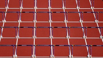 EUGENE, OREGON - JULY 17: A general view of hurdles prior to the Women's Heptathlon 100m Hurdles on day three of the World Athletics Championships Oregon22 at Hayward Field on July 17, 2022 in Eugene, Oregon.   Patrick Smith/Getty Images/AFP
== FOR NEWSPAPERS, INTERNET, TELCOS & TELEVISION USE ONLY ==