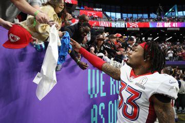 LAS VEGAS, NEVADA - FEBRUARY 06: Derwin James #33 of the Los Angeles Chargers interacts with fans after the 2022 NFL Pro Bowl at Allegiant Stadium on February 06, 2022 in Las Vegas, Nevada.   