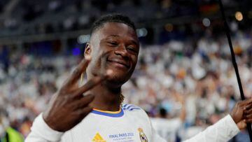 PARIS, FRANCE - MAY 28: Eduardo Camavinga of Real Madrid celebrating the Champions League victory  during the UEFA Champions League  match between Liverpool v Real Madrid at the Stade de France on May 28, 2022 in Paris France (Photo by David S. Bustamante/Soccrates/Getty Images)