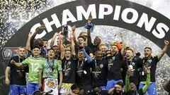 SEATTLE, WASHINGTON - MAY 04: The Seattle Sounders celebrate after beating Pumas 3-0 during 2022 Scotiabank Concacaf Champions League Final Leg 2 at Lumen Field on May 04, 2022 in Seattle, Washington.