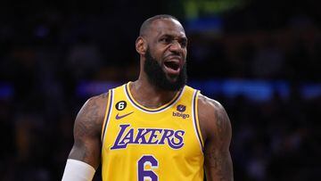 May 8, 2023; Los Angeles, California, USA; Los Angeles Lakers forward LeBron James (6) reacts in the first half during game four of the 2023 NBA playoffs at Crypto.com Arena. Mandatory Credit: Kirby Lee-USA TODAY Sports