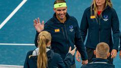 SYDNEY, AUSTRALIA - DECEMBER 31: Rafael Nadal and Paula Badosa of Spain greet Team Great Britain ahead of the Group D match against Cameron Norrie of Great Britain during day three of the 2023 United Cup at Ken Rosewall Arena on December 31, 2022 in Sydney, Australia. (Photo by Andy Cheung/Getty Images)