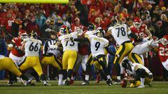 Jan 15, 2017; Kansas City, MO, USA; Pittsburgh Steelers kicker Chris Boswell (9) kicks during the first quarter against the Kansas City Chiefs in the AFC Divisional playoff game at Arrowhead Stadium. Mandatory Credit: Jay Biggerstaff-USA TODAY Sports