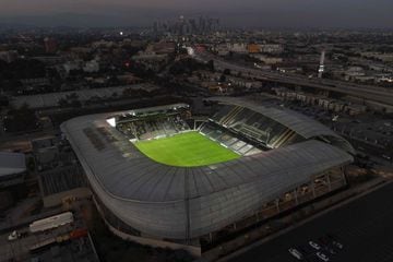 Oct 28, 2020; Los Angeles, CA, Los Angeles, CA, USA; A general view of Banc of California Stadium and the downtown skyline before a game between the Houston Dynamo and the LAFC. Mandatory Credit: Kirby Lee-USA TODAY Sports