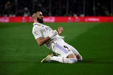 Karim Benzema celebrates scoring for Real Madrid. 