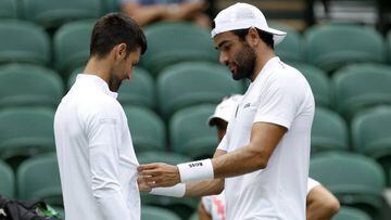 Matteo Berrettini checks out the clothing worn by Novak Djokovic on centre court ahead of the 2022 Wimbledon Championship at the All England Lawn Tennis and Croquet Club, Wimbledon. Picture date: Thursday June 23, 2022. (Photo by Steven Paston/PA Images via Getty Images)