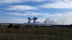 FILE PHOTO: Smoke rises after explosions were heard from the direction of a Russian military airbase near Novofedorivka, Crimea, in this still image obtained by Reuters August 9, 2022. THIS IMAGE HAS BEEN SUPPLIED BY A THIRD PARTY./File Photo