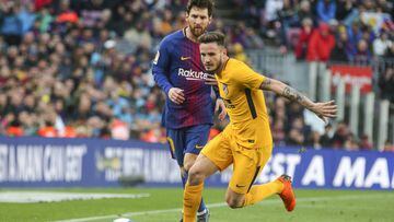 Atletico Madrid midfielder Saul Niguez (8) and FC Barcelona forward Lionel Messi (10) during the match between FC Barcelona against Atletico Madrid, for the round 27 of the Liga Santander, played at Camp Nou Stadium on 4th March 2018 in Barcelona, Spain. 